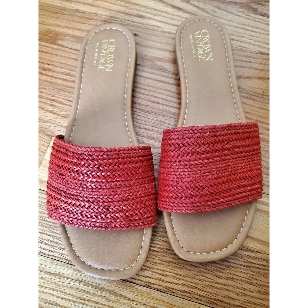 Crown Vintage Womens Red Woven Slide Sandals Made In Italy 10M Manmade Upper - Picture 1 of 6